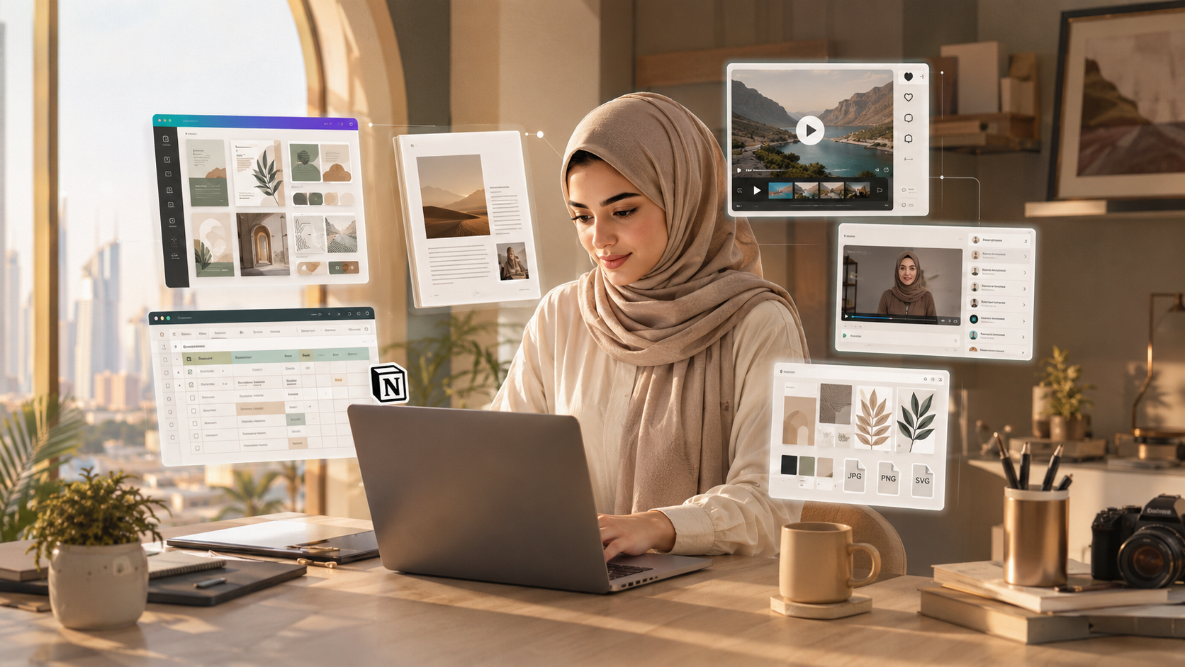 مساحة عمل إبداعية تعرض أفكاراً لمنتجات رقمية متنوّعة على شاشة حاسوب