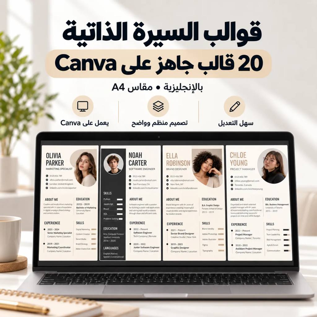 قوالب السيرة الذاتية على Canva: قوالب CV بالإنجليزية معروضة على شاشة لابتوب